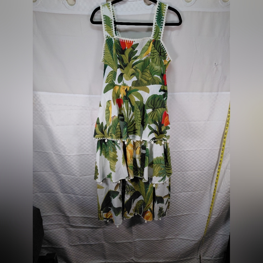 FARM Rio White Maxi Dress with Green Leaf & Red Accent